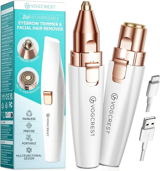 VGVOGCREST Personal Groomers – Rechargeable Eyebrow and Facial Hair Remover for Women - 2 in 1 Razor with Built-in LED Light for Painless Hair Removal