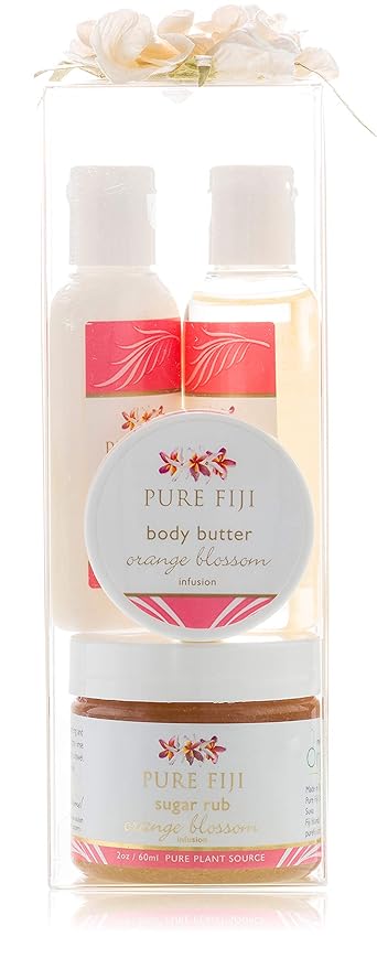 PureFiji Sets & Kits – Pure Fiji Spa Gifts for Women and Man - Body Gift Box Include: Sugar Scrub, Bath and Body Oil, Body Butter and Body Lotion, Scent Orange Blossom
