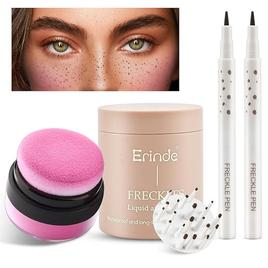 Erinde Blush – Erinde Natural Freckle Blush Makeup Kit - Liquid Freckle Pen & Fake Freckles Stamp Air Cushion & Powder Cushion Blush, Long Lasting Waterproof Freckles Tattoo Marker for Natural Sunkissed Makeup