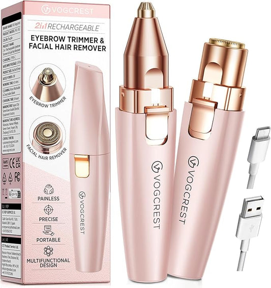 VGVOGCREST Eyebrow Trimmers – Eyebrow Facial Trimmer: 2 in1 Rechargeable Facial Hair Removal and Eyebrow Shaver - Face Lips Body Painless Facial Razor with Built-in LED Light (Pink)