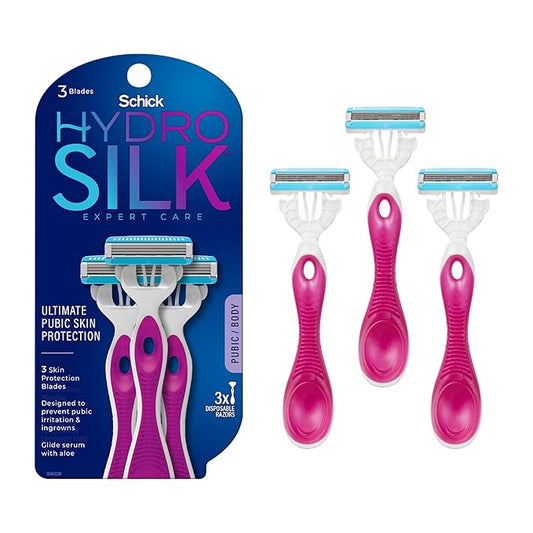SchickHydroSilk Disposable Razors – Schick Hydro Silk Ultimate Pubic Skin Protection, Disposable Razors for Women Sensitive Skin | Pubic Hair Razor for Women, Bikini Razor, Womens Razors Bikini Line, 3ct