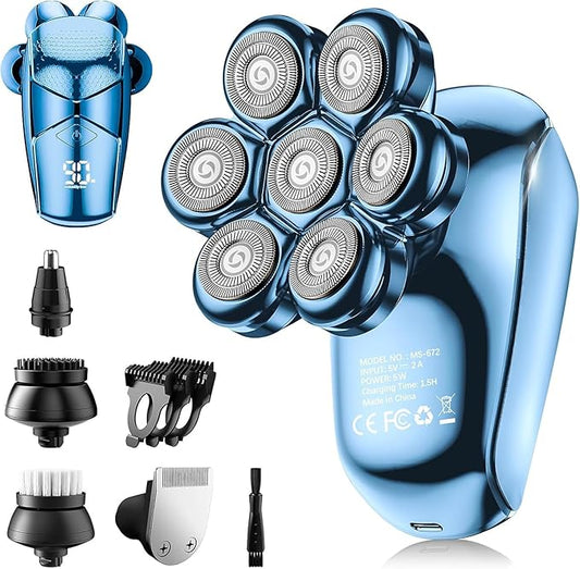 SHPAVVER Rotary Shavers – Detachable Head Shavers, SHPAVVER 5 in 1 Electric Razor IPX7 Waterproof for Bald Men, Wet Dry LED Display Rechargeable 7D Rotary Shaver Grooming Kit with Type C Charge A，Bright Blue