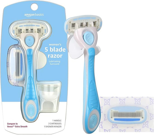 AmazonBasics Cartridges – Amazon Basics 5-Blade Razor for Women, Handle, 2 Cartridges & Shower Hanger (Cartridges fit Amazon Basics Razor Handles only) (Previously Solimo)
