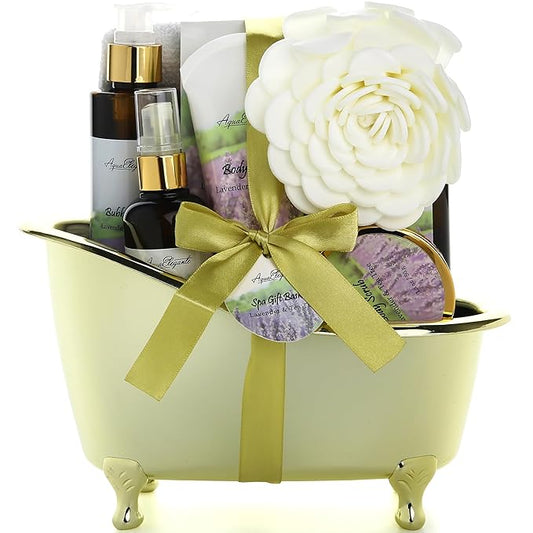 AquaElegante Sets & Kits – Spa Gift Baskets For Women - Luxury Bath Set With Lavender & Tea Tree Oil - Spa Kit Includes Body Wash, Bubble Bath, Lotion, Bath Salts, Body Scrub, Body Spray, Shower Puff, and Towel