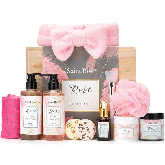 SaintRoy Sets & Kits – Spa Gifts for Women，10pcs Self Care Kit ROSE Scented with Facial Cleanser, Scrub Body Wash, Facial Clay Mask, Facial, Essential Oil, Birthday Gifts Skin Care Set, Mothers Day Gifts Ideas