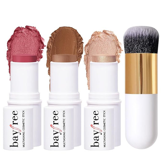 KIMUSE Blush – KIMUSE Face Sticks Trio, Cream Blush Stick & Highlighter Stick & Contour Stick for Sculpt the Cheeks, Long Lasting Cream Contour Stick Trio for Face Makeup, with Brush