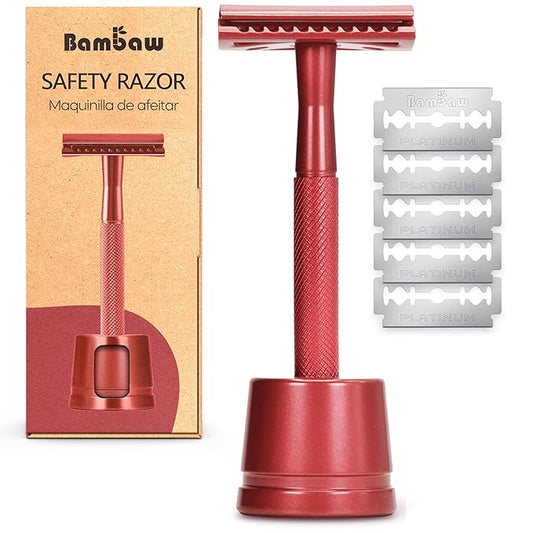 Bambaw Safety Razors – Bambaw Double Edge Safety Razor with Stand, Safety Shaving Razor with 5 Double Edge Safety Razor Blades, Eco-Friendly Razor for Shaving – Red