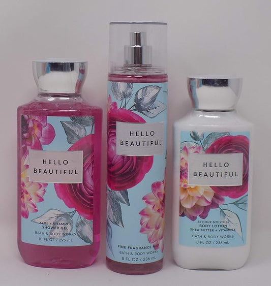 glowtalebaeuty Sets & Kits – Hello Beautiful (White Gardenia, Jasmine, Magnolia, Pink Nectarine, Cotton Musk) Lot of Three Full Size 1- 10 oz Shower Gel, 1- 8 oz Body Lotion, and 1- 8 oz Fine Fragrance Mist