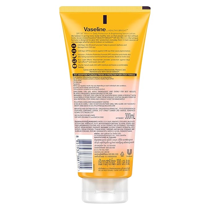 Vaseline Healthy Bright SPF50 + PA++++ Daily Protection & Brightening Serum, Size 300ml,10.14 Fl Oz (Pack Of 1)