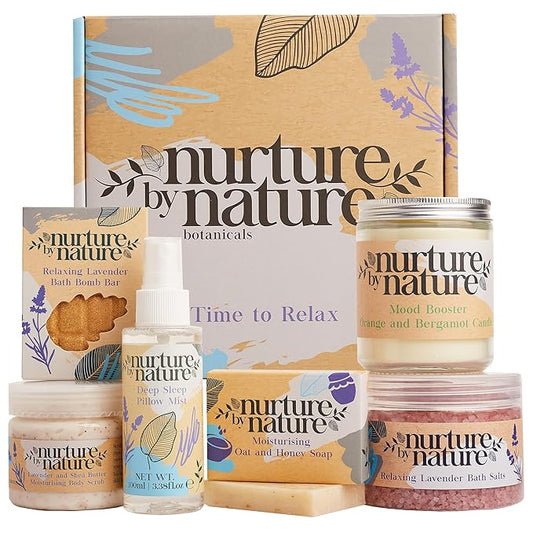 NurturebyNatureBotanicals Sets & Kits – Nurture by Nature RELAX & CALM Spa Kit - Mothers Day Gifts - Spa Gift Baskets For Women, Complete Bath Sets for Women Gift - Lavender Pillow Mist, Bath Salts, Bath Bomb - Self Care Gift Basket