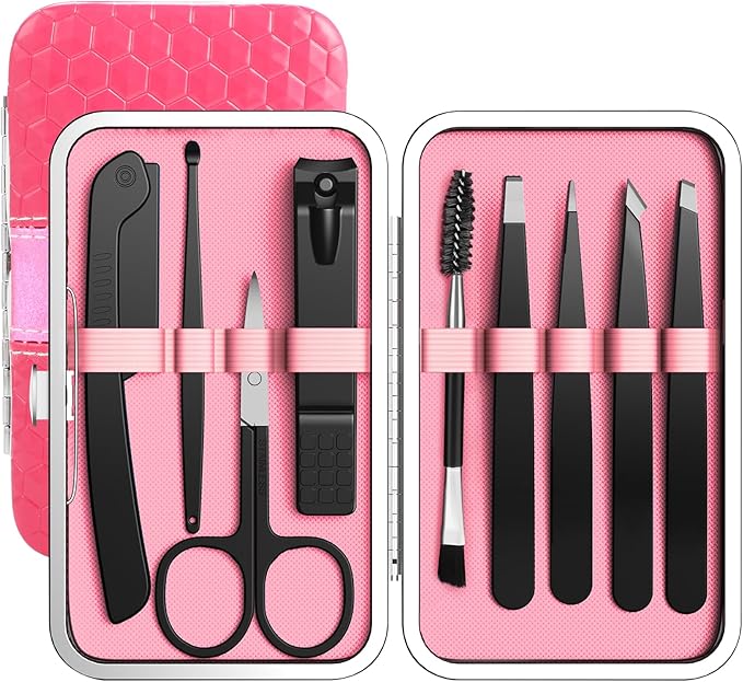 glowtalebaeuty Tweezers – Tweezers Set, Hyxhappy 9 pcs Professional Stainless Steel Tweezer Kit for Women Facial Hair, Precision Plucke Tweezers with Luxurious Travel Case for Ingrown Hair Removal