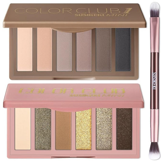SUSIKEKI Eyeshadow – 2PCS 6 Colors Mini Naked Eyeshadow Palette Makeup with Brush Set Neutral Nude Eye Shadow Brown & Olive-colored Matte Shimmer Make Up Pallet with Mirror Highly Pigmented Travel Size Gift Kit