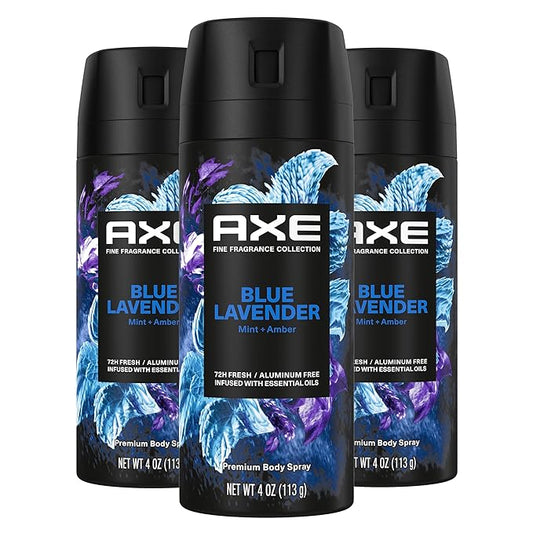 AXE Deodorant – AXE Fine Fragrance Collection Premium Deodorant Body Spray for Men Blue Lavender 3 Count with 72H Odor Protection and Freshness Infused with Lavender, Mint, and Amber Essential Oils 4 oz