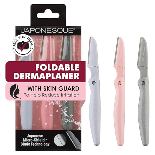 JAPONESQUE Disposable Razors – JAPONESQUE Foldable Dermaplaner Facial Razors - 3 Piece Set, Eyebrow And Facial Hair Razor Kit - One Blade Fixed Dermaplane Razor For Women Multicolor