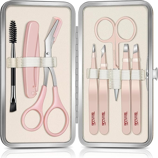 TsMADDTs Tweezers – TsMADDTs Tweezers for Women Facial Hair, 8 in 1 Eyebrow Kit with Tweezers, Eyebrow Trimmer Scissors, Razor, Brush with Travel Bag, Hair Plucking Daily Beauty Tools