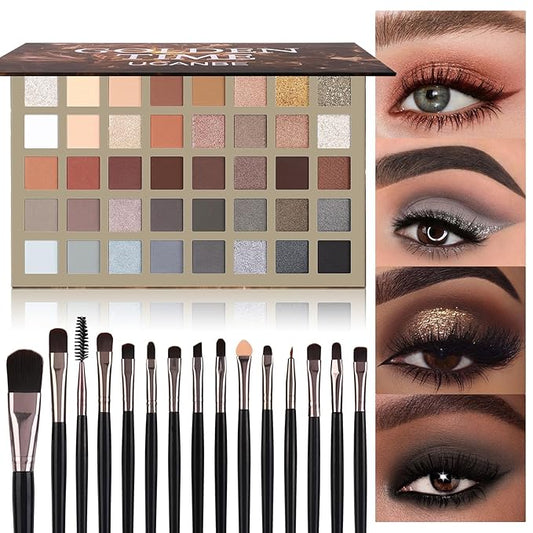 UCANBE Eyeshadow – UCANBE Nude Eyeshadow Palette + 15 PCS Makeup Brushes Set, 40 Color Matte Shimmer Glitter Eye Shadow, Neutral Black Dark Grey Smoky Make Up Pallet Gift Kit Highly Pigmented Long Lasting Waterproof