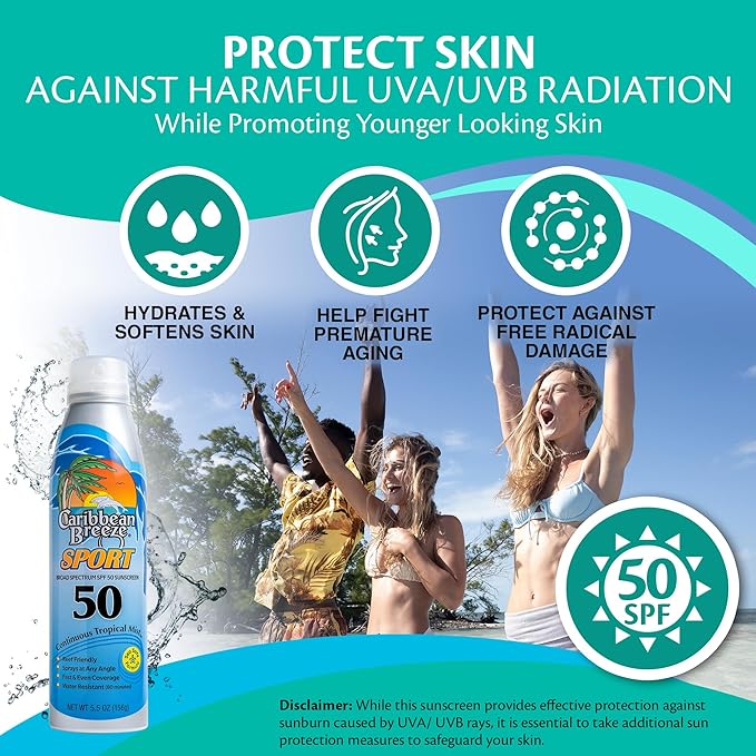 Caribbean Breeze Continuous Tropical Mist SPF 50 Sunscreen Spray Sport, Reef Safe Sunscreen, Up to 80 Minutes Water Resistant, 5.5 Ounces, 2 Pack
