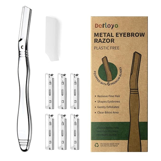 Derloyo Disposable Razors – Eyebrow Razor, Dermaplaning Tool for Face, Face Razors for Women, Dermaplane Razor, Hair Removal and Exfoliation, Facial Razor, Face Shaver for Women&Men, 6 Blade Refills with Blade Cover (Silver)