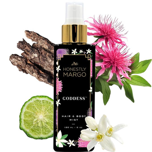 Honestly+Margo Body Sprays – Goddess Hair & Body Mist (6 Oz) – Alluring Perfume for Women for Hair and Skin with Bergamot, Jasmine, Musk, Amber and Oud Scent – Luxury Hair Perfume for Women & Body Spray