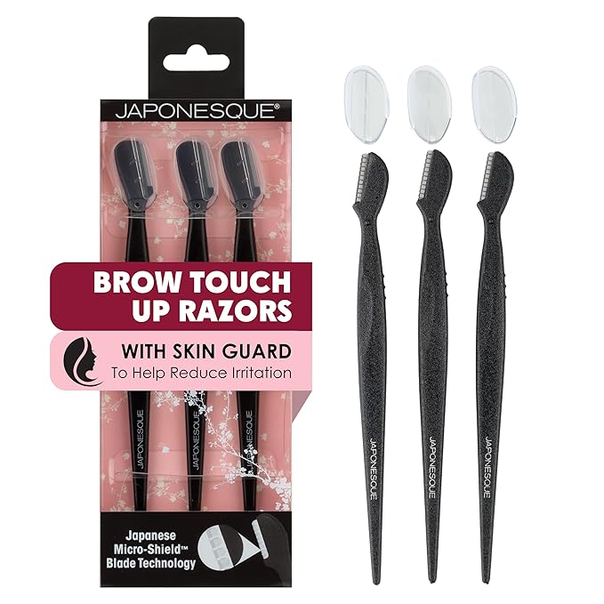 JAPONESQUE Disposable Razors – Japonesque Brow Touch Up Razors with Ultra-Sharp Stainless Steel Blades, for Removal of Unwanted Facial Hair and Peach Fuzz, Protective Blade Cover for Safe Storage Included