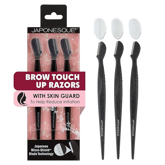 JAPONESQUE Disposable Razors – Japonesque Brow Touch Up Razors with Ultra-Sharp Stainless Steel Blades, for Removal of Unwanted Facial Hair and Peach Fuzz, Protective Blade Cover for Safe Storage Included