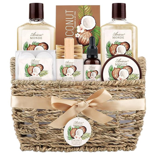 Ariosemonde Sets & Kits – Bath & Shower Spa Basket Gift Set, Coconut Scent, with Shower Gel, Bubble Bath,Body Lotion, Bath Bomb,Bath Salt, Bath and Body Gift Box for Women