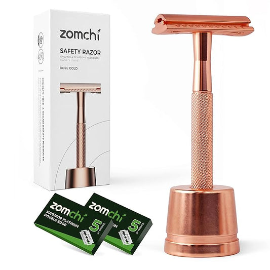 ZOMCHI Safety Razors – Safety Razor for Women, Men's Single Blade Razor with a Razor Stand with 10 Blades, Double Edge Razor with a Texture Handle, Metal Razor Women, Fits All Double Edge Razor Blades (Rose Gold)