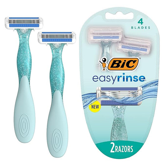 BIC Disposable Razors – BIC EasyRinse Anti-Clogging Women's Disposable Razors for a Smoother Shave With Less Irritation*, Easy Rinse Shaving Razors With 4 Blades, 2 Count