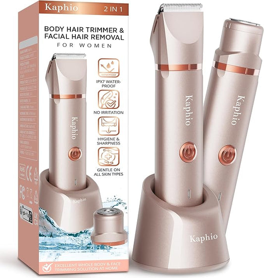 Kaphio Bikini Trimmers – Electric Bikini Trimer Shaver Women: 2 in 1 IPX7 Waterproof Wet & Dry Use Body Hair Trimmer and Facial Hair Remover - Rechargeable Hair Removal Kit for Bikini Underarm Leg Arm Body Face