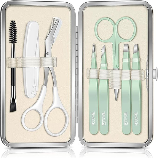 TsMADDTs Tweezers – TsMADDTs Tweezers for Women, 8 in 1 Eyebrow Kit with Tweezers, Trimmer, Scissor, Razor, Brush with Travel Bag, Eyebrow Shaping Kit