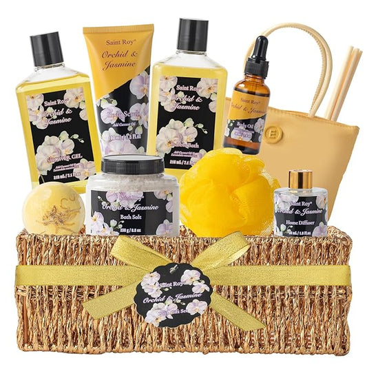 SaintRoy Sets & Kits – Mother's Day Gift for Mom Bath and Body Gift Basket Orchid & Jasmine Spa Gift Baskets for Women Fragrant Body Lotions, Bath Bomb, Home Spa Gift Basket Rich in Jojoba oil & Shea Butter, Bath Kit Sets