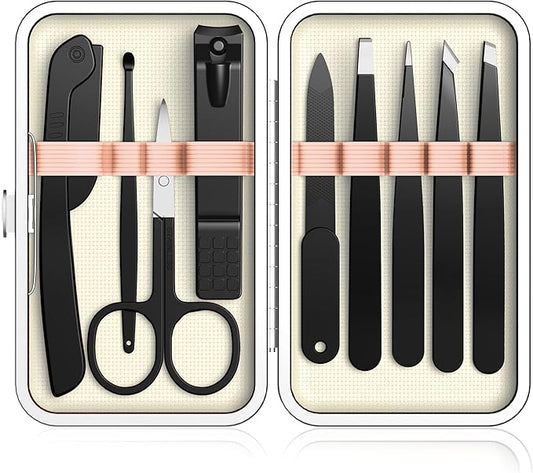 Yougai Tweezers – Yougai Tweezers Set,9 Pcs Professional Stainless Steel Nail Clippers and Tweezer Kit for Women and Men, Great Precision Tweezers No Gaps with Leather Travel Case