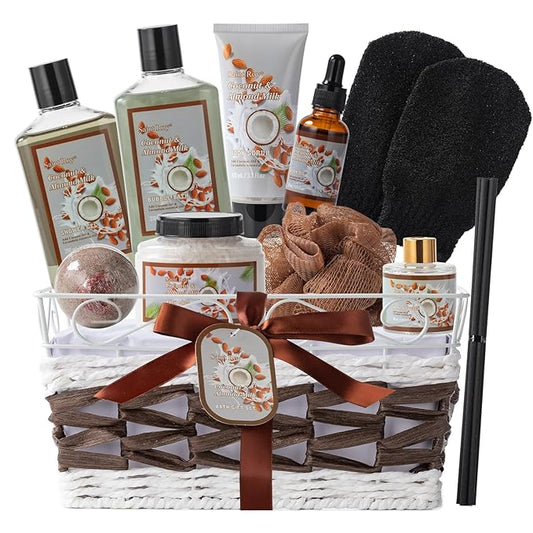SaintRoy Sets & Kits – Fathers Day Gifts for Men for Dad Bath and Body Gift Basket For Women & Men Spa Gift Basket Coconut Almond 16 Pcs Bath Gift Set With Fragrant Lotion, Home Spa Luxurious Bath Body Oil, Diffuser & More
