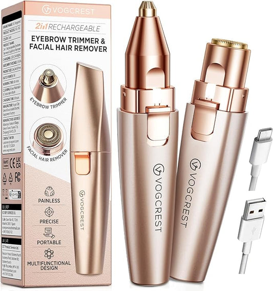 VGVOGCREST Eyebrow Trimmers – Eyebrow & Facial Trimmer: 2 in1 Rechargeable Facial Hair Removal & Eyebrow Shaver - Body Razor with Built-in LED Light (Rose Gold)