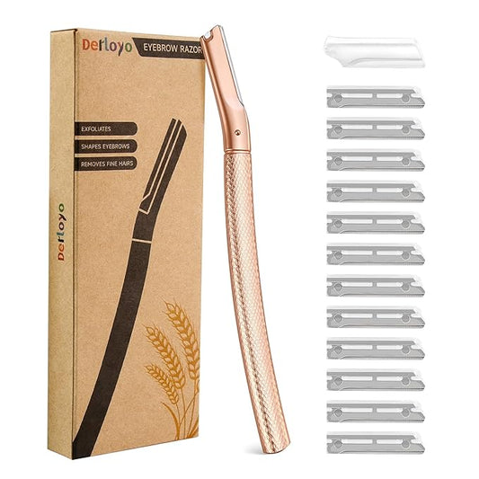 Derloyo Shaving & Grooming Sets – Eyebrow Razor-Face Razors for Women-Dermaplaning Tool for Face Exfoliation & Peach Fuzz with 12 Refill Blades-Facial Dermaplane Razors Shaver-Rose Gold