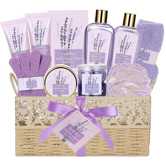 SaintRoy Sets & Kits – Luxury Bath & Body Set For Women LAVENDER & HONEY Large Spa Basket 13Pcs Luxurious Bath Spa Kit for women, Mother Day Gifts Perfect Spa Kit Bath Gift Set Spa Day Gifts Birthday Gift Baskets for Women