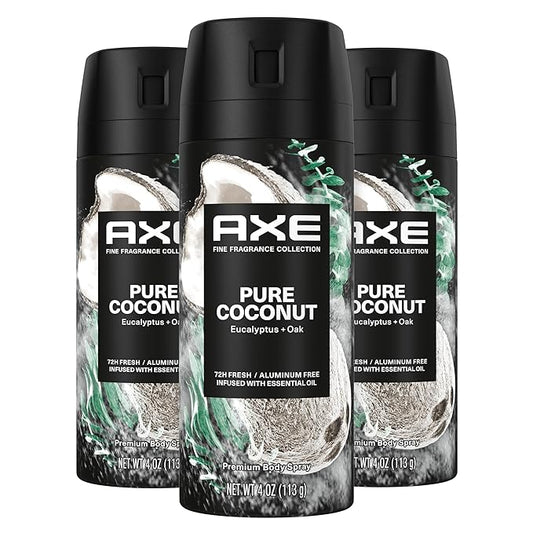 AXE Deodorant – AXE Fine Fragrance Collection Premium Deodorant Body Spray for Men Pure Coconut 3 Count with 72H Odor Protection and Freshness Infused with Coconut, Eucalyptus, and Oak Essential Oils 4 oz