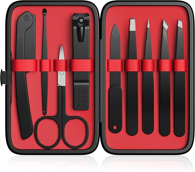 Yougai Tweezers – Yougai Tweezers Set,9 Pcs Professional Stainless Steel Tweezer Kit-Great Precision Eyebrow Tweezers for Ingrown Facial Hair with Leather Travel Case as Stocking Stuffing Gifts