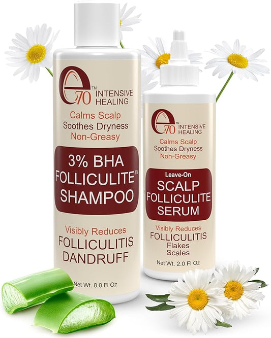 e70IntensiveHealing Scalp Treatments – 3% BHA Folliculitis Shampoo & Leave-On Hair Serum Set - Made with Salicylic Acid, Aloe Vera & Tea Tree Oil - Moisturizing Shampoo & Hair Oil for Dry Itchy Scalp and Head Acne by e70