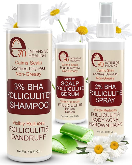 e70IntensiveHealing Scalp Treatments – Folliculitis 3-Piece Set - Folliculitis Shampoo, Dry Scalp Serum & Body Spray with Salicylic Acid, Tea Tree Oil & Peppermint Oil - Soothes Itchy Scalp, Razor Bumps & Blemishes by e70