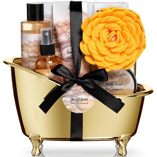 AquaElegante Sets & Kits – Spa Gift Baskets For Women - Luxury Bath Set With Honey & Almond - Spa Kit Includes Body Wash, Bubble Bath, Lotion, Bath Salts, Body Scrub, Body Spray, Shower Puff, and Towel