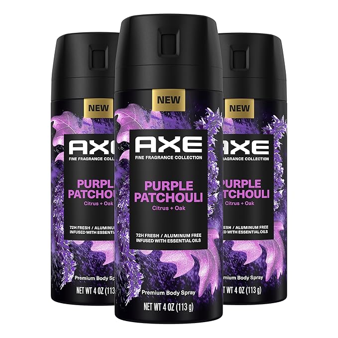 AXE Deodorant – AXE Fine Fragrance Collection Premium Body Spray Purple Patchouli with Citrus + Oak Essential Oils 3 Count with 72H Odor Protection Aluminum-Free 4 oz