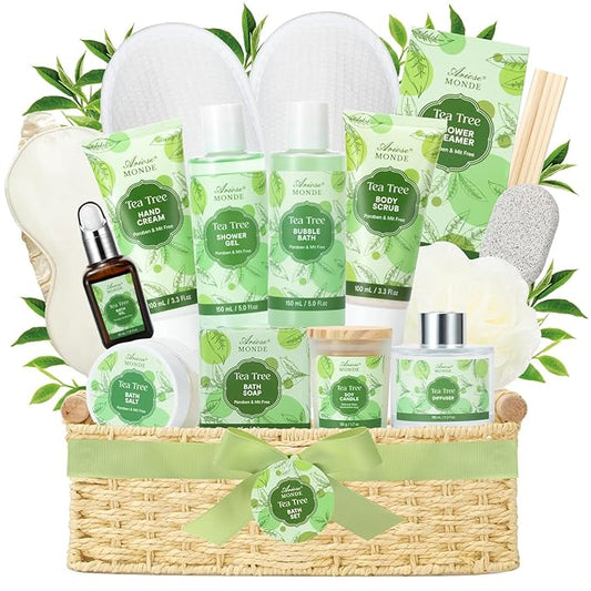 Ariosemonde Sets & Kits – Spa Gift Basket - Tea Tree Bath Set With Shower Gel, Bubble Bath, Hand Cream, Soap, Salt, Essential Oil - Luxury Body Gift Kit for Women