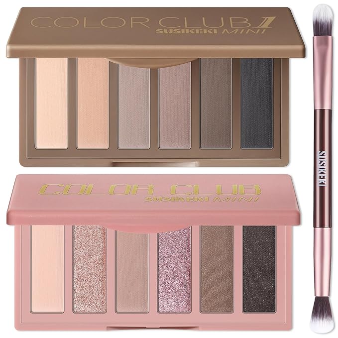 SUSIKEKI Eyeshadow – 2PCS 6 Colors Mini Naked Eyeshadow Palette Makeup with Brush Set Neutral Nude Eye Shadow Pink & Brown Matte Shimmer Make Up Pallet with Mirror Highly Pigmented Travel Size Gift Kit