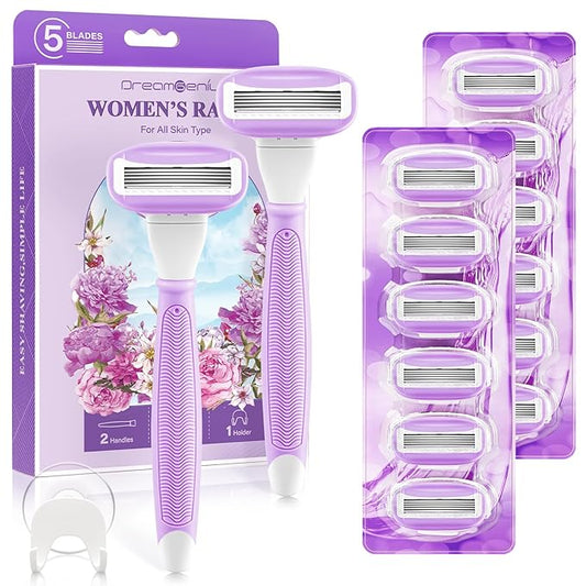 DreamGenius Cartridge Razors – DreamGenius Razors for Women Include 2 Non-Slip Handles and 14 Blade Refills with a Shower Holder, 5 Premium Blades Women's Razors for Shaving with 360° Lubrication Reduces Irritation, Purple