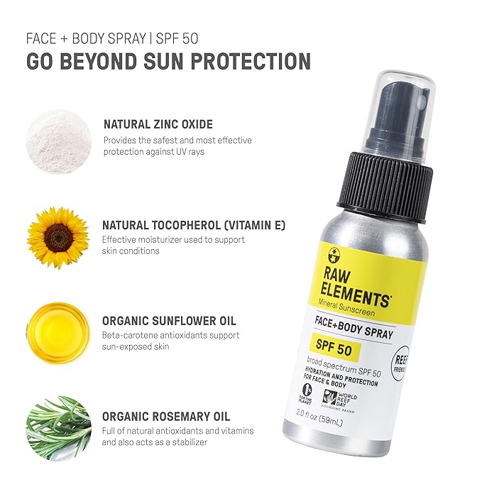 Raw Elements Face + Body Spray SPF 50 All-Natural Mineral Sunscreen - Reef Safe, Water Resistant, Broad Spectrum UVA/UVB Protection, Safe For All Ages, Travel Size 2oz