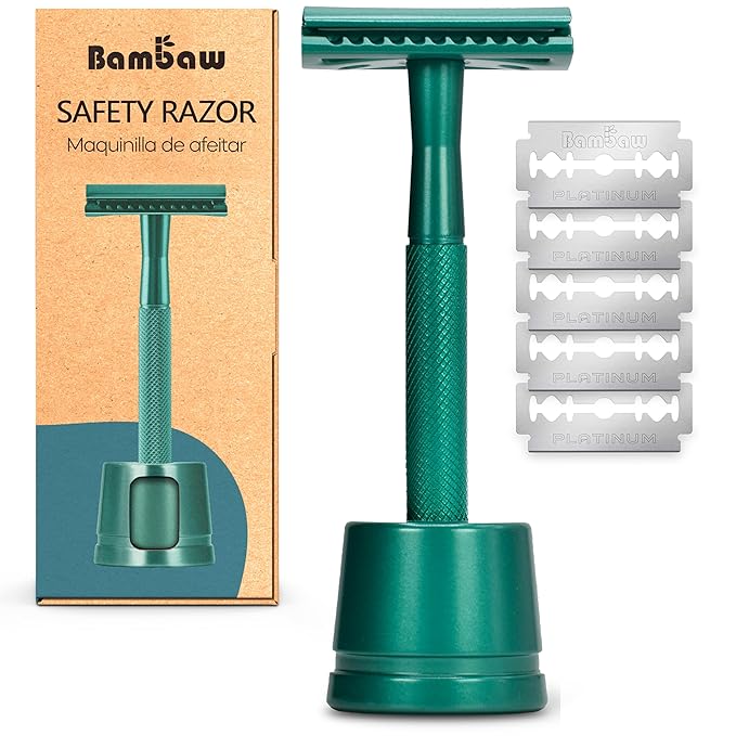 Bambaw Safety Razors – Bambaw Double Edge Close Comb Safety Razor with Stand, Shaving Razor for Men with 5 Safety Razor Blades, Reusable Eco Freindly DE Metal Razor – Sea Green