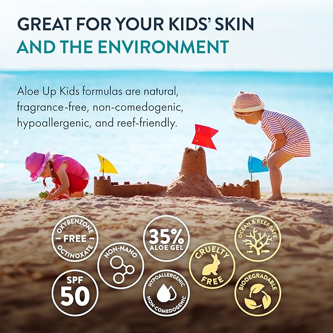 Aloe Up Kids Broad Spectrum Mineral Sunscreen Lotion SPF 50 - Face and Body Sunblock for Sensitive Skin - With Gen2 Zinc Oxide and Aloe Vera - Dries Clear - Reef Safe - Fragrance-Free - 3 Oz