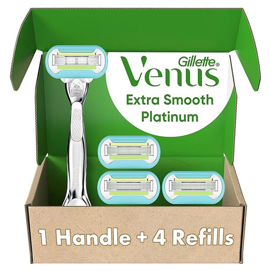 Venus Cartridge Razors – Gillette Venus Platinum Extra Smooth Metal Handle Women's Razor Handle + 4 Blade Refills, Pivoting Head and Ribbon of Moisture