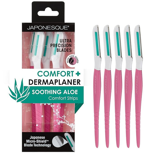 JAPONESQUE Disposable Razors – Japonesque Dermaplaner with Soothing Aloe Comfort Strip - Facial Dermaplane Razor, Skin Tool with Ultra Precision Blade for Facial Hair Removal and Exfoliation, 5pk